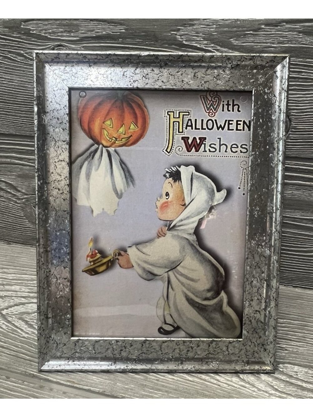 With Halloween Wishes Vintage Style Framed Picture Ghost Boy Pumpkin 6.5” X 8.5”